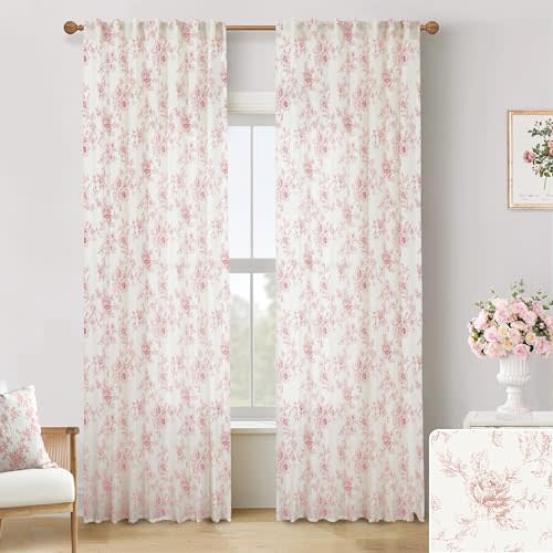 Pink Curtains for Nursery Girls Bedroom,French Country Sheer Blush Floral Victorian Toile Whimsical Pastel Dusty Rose Cottagecore Elegant Linen Curtains for Living Room Baby Kid 96 In Long 2 Panel Set