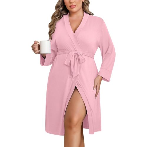 Ekouaer Women Plus Size Robe Knee Length Lightweight Bathrobe Short Kimono Robes with Pockets Maternity Robe 1X-5X