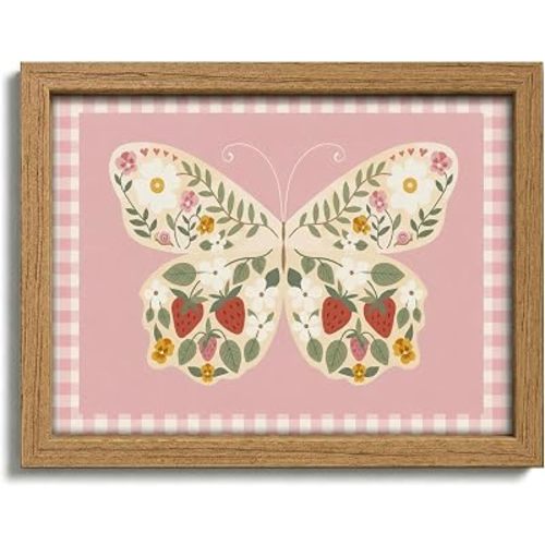 Pink Gingham Butterfly Canvas Wall Art Solid Wood Framed 8X10in