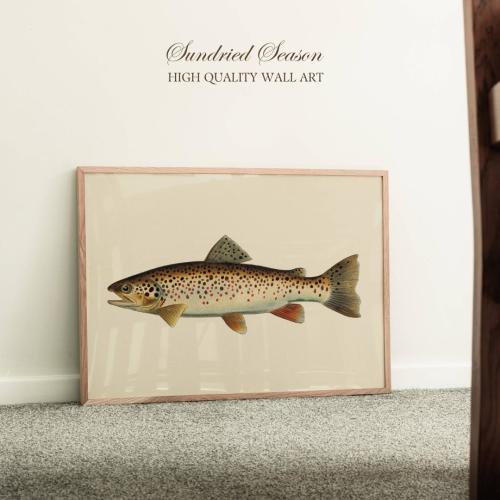 Vintage Brown Trout Art Print, Detailed Freshwater Fish Illustration, Rustic Nature Wall Decor for Cabin, Lake House Lodge or Fishing Gift