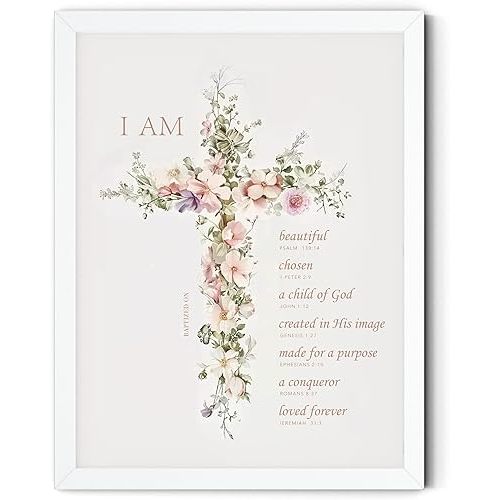 TwoDays Baptism Gifts for Girl, Floral Bible Verse Cross Christening Wall Art for Kids Christian Confirmation Keepsake, First Communion Party Decor for Boys (8" X 10", White Framed)