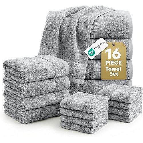 LANE LINEN 100% Cotton Turkish Towel Set for Bathroom - 16 Piece - Super Soft, Quick Dry & Highly Absorbent - 4 Bath, 8 Wash cloths, 4 Hand Towels - Hotel Quality, Durable & OEKO-TEX Certified - Grey