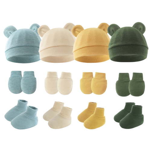 Happy Cherry Infant Cotton Cap Newborn Hospital Cap Baby Boy Bear Ears Preemie No Scratch Mittens Baby Girl Hat Mitten Sock Set Preemie Beanie Hat 4 Pack for 0-6 Months(Apricot Blue Green Yellow)