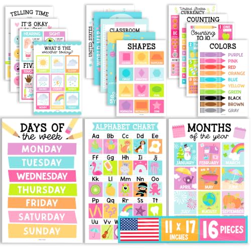 Hadley Designs Learning Posters for Toddlers 1-3 Preschool Classroom Decor | 16-Pc Big 11x17 Laminated Educational Posters for Toddlers 1-3 Kindergarten Classroom Must Haves Homeschool & Playroom Decor