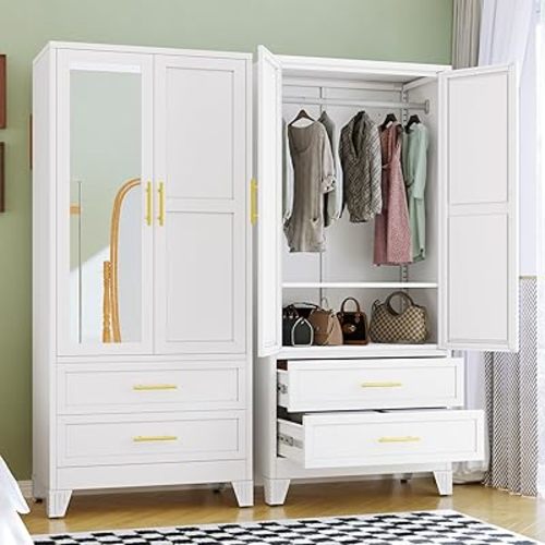 RIETERN Metal Armoire Wardrobe Closet, 71" Tall Bedroom Closet with Mirror