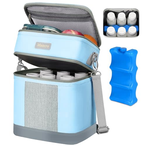 Mancro Breastmilk Cooler Bag with Ice Pack, Double Layer Breast Milk Cooler Bag Fits 6 Bottles Up to 9 Ounces, Waterproof Bottle Storage Bag for Nursing Mom Daycare, Blue