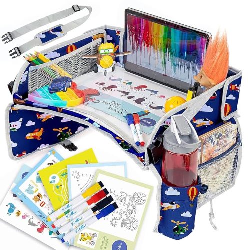 PILLANI Kids Travel Tray for Car - Carseat Tray w/iPad Holder & Dry Erase Board, Road Trip Essentials - Toddler Lap Desk Organizer for Airplane - Roadtrip Activities & Travel Essentials - Pack of 2