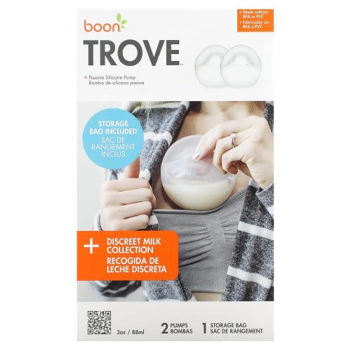 Boon Trove Silicone Manual Breast Pump Set - Hands Free Breast Milk Collector - Includes Polyester Travel Pouch - Breastfeeding Essentials - 2 Count