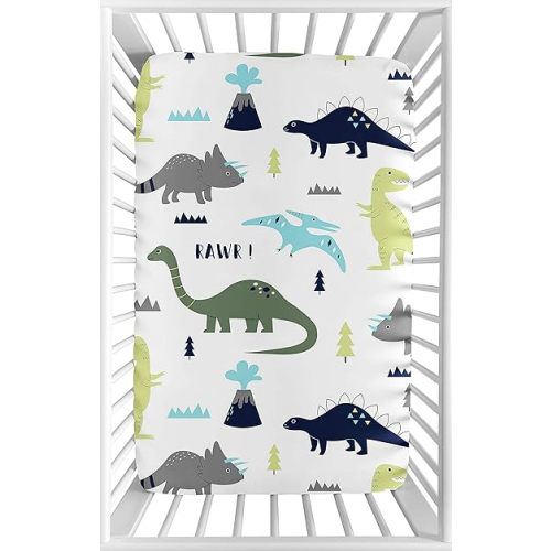 Sweet Jojo Designs Navy, Turquoise and Grey Dinosaur Baby Boy Fitted Mini Portable Crib Sheet for Mod Dino Collection - for Mini Crib or Pack and Play ONLY