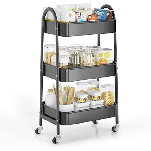 EAGMAK 3 Tier Rolling Cart, Large Metal Storage Cart with Handle and Lockable Wheels, Big Multifunctional Storage Organizer Trolley with Mesh Baskets for Kitchen, Living Room, Office, Garage (Black)