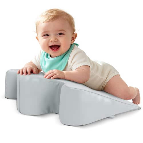 EKEPE 2026 Upgraded Nursing Reflux Prop with Leather Cover for Baby Gas, Colic Relief & Burp, Memory Foam Tummy Time Prop for Infant 0-12 Months Feeding, Neck, Shoulder and Body Support - Grey