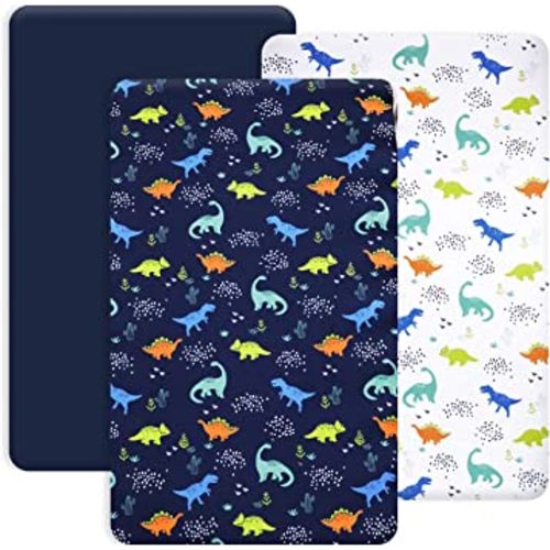 PHF 3 Pack Soft Mini Crib Sheets, Dinosaur Pack N Play Sheets for Baby Boys Girls, No Slip Universal Fit for Pack N Play, Playard, Portable and Mini Crib Mattresses,Navy Dinosaur