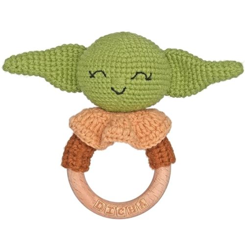 DICHA Wooden Baby Rattle-Crochet Baby Rattle- Infant Rattle Sensory Development Wooden Toys Set-Includes Beech Wooden Teething Ring- Baby Teether Green Alien Style
