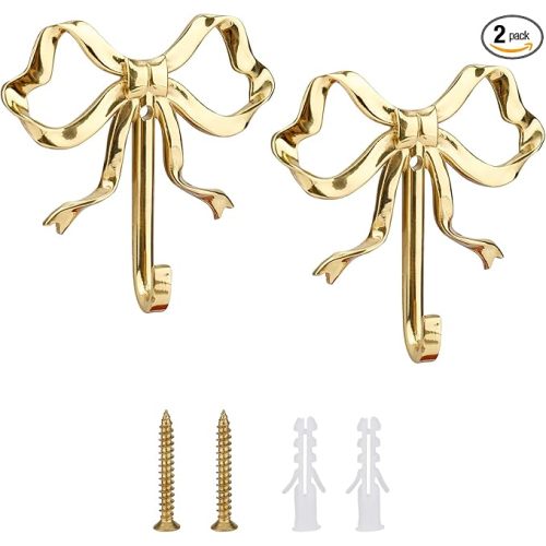 2pcs Bow Knot Wall Hooks, 2.6x2.5in Gold Bow Knot Coat Hooks Cute Butterfly Door Hangers Decorative Bows Wall Hook for Coats Hats Bags Towels Coffee Mugs
