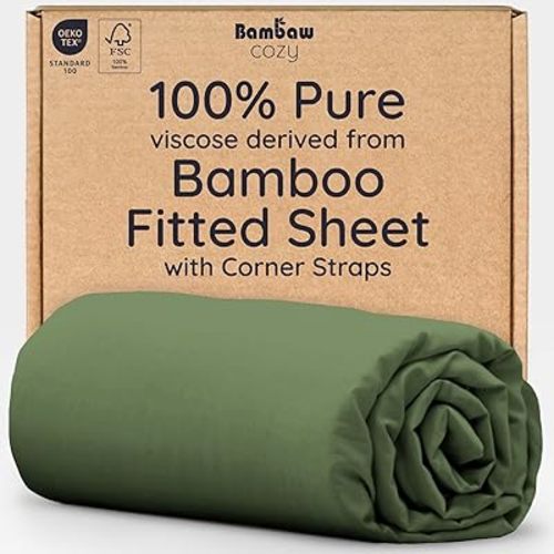 Bambaw 100% Viscose Derived from Bamboo Fitted Sheet Queen Size, Cooling Fitted Sheet Queen Size, 16’’ Deep Pocket & Elastic Corner Straps (Olive)
