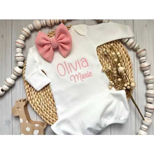 Baby Girl Gown with Name Newborn Outfit Coming Home Personalized Embroidered Clothes Monogram Shower Gift Take Home Bow Headband Customize
