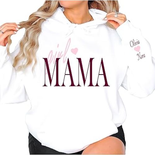 Personalized Girl Mama Sweatshirt With Name on Sleeve, Custom Mom Of Girls Hoodie, Pink Mama Sweater Minimalist Custom Gift for Mother