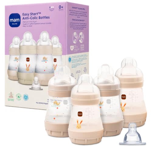 MAM 5oz Easy Start Anti-Colic+ Vented Baby Bottle, 0+ Mths, 4 Pk, Unisex | Slow Flow Breastfeeding-Like Nipple, Dual Anti-Colic Bottle Reduces Gas & Reflux, Easy Clean, BPA Free, Made In Europe