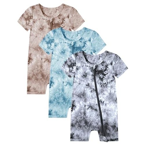 Jimonda Baby GIRLS BOYS Rayon From Bamboo Pajamas 3 Pack Short Sleeve Footless Romper 2 Way Zipper Tie Dye Pjs 0-24M