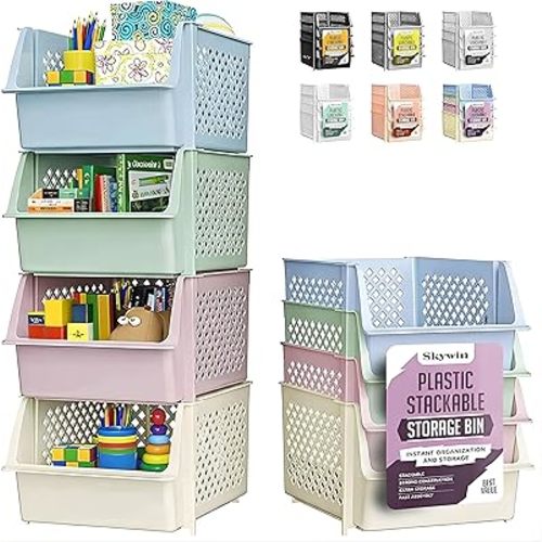 Skywin Stackable Storage Bins Open Front for Pantry Storage, 4 Pack - Multi