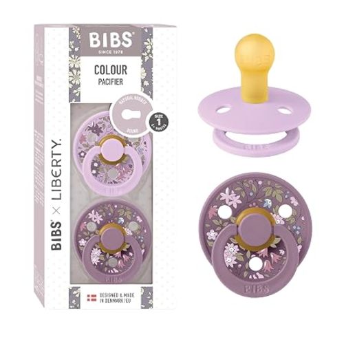 BIBS x Liberty Pacifier, 0-6 Months, 2-Pack, Chamomile Lawn Violet Sky | Round Natural Rubber Latex | Size 1 | BPA-Free | Made in Denmark | High Nipple Acceptance | Airflow Holes | Comfort Shield