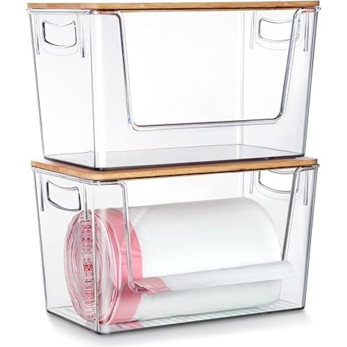 2 Pack Trash Bag Holder Dispenser, Extra Large Garbage Bags Holder, Stackable Trash Bag Holder with Bamboo Top for Laundry Room & Under Sink