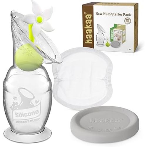 haakaa New Mum Starter Pack, Silicone Manual Breast Pump with Silicone Cap & Flower Stopper (5oz/150ml), Disposable Nursing Pads 36 Count for Breastfeeding