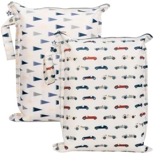 Tiny Twinkle Mess Proof Wet Bags | 2-Pack Reusable Waterproof Wet Bags for Swimsuits | Baby Clothes | Travel & Diaper Bag (Vintage Cars,Varsity Flags)