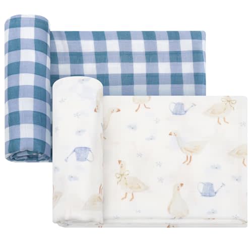 LifeTree Baby Swaddle Blankets, Boys Girls Muslin Swaddling Wrap Receiving Blanket for Newborn, 70% Viscose from Bamboo and 30% Cotton, Large 47" x 47", Duck and Checkered