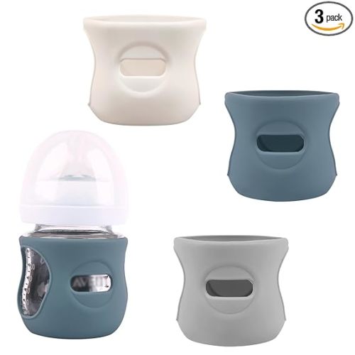 3 Pack Silicone Sleeves for Avent Natural Glass Baby Bottles 4 oz | Anti Breakage Baby Bottle Holder, Compatible Philips AVENT Glass Natural Baby Bottle 4 oz(Grey+Dark Blue+Apricot)