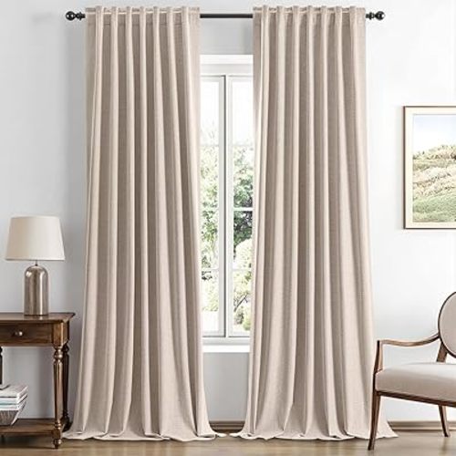 MIULEE 100% Blackout Linen Curtains for Bedroom, Beige Solid Luxury Decor Thermal Insulation Room Darkening Drapes for Living Room Nursery Back Tab Rod Pocket 42 x 96 Inches, 2 Panels