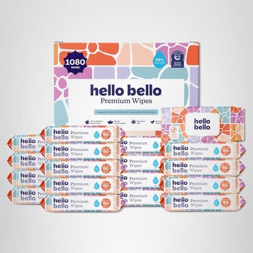 Hello Bello Premium Wipes, Designed for Sensitive Skin with Chamomile & Aloe Extracts, Flower Pop (9 Resealable Packets = 540 Total Wipes)