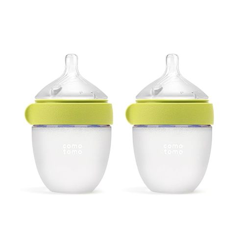 Comotomo Silicone Baby Bottle Gen 2 – 2026 Release (5oz) – True Slow-Flow Nipple for Newborn Feeding (0-3 Months) with Dual Anti Colic Vents for Breast to Bottle Transition, Green (Double Pack)