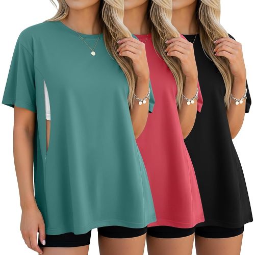 3 Pack Women's Oversize Nursing Breastfeeding Shirts Hidden Zipper Short Sleeve Loose Fit Maternity Tops