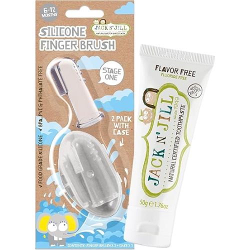 Jack N' Jill Stage 1 Silicone Finger Toothbrush and Toothpaste for Babies & Toddlers, Unflavored Natural Toothpaste, Bundle - Baby Toothbrush 6 to 12 Months - Two Brushes Plus Case, 1.76 Fl Oz