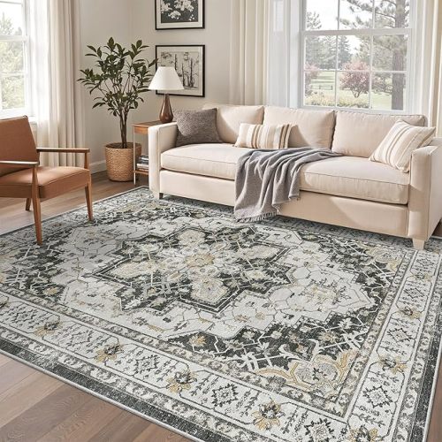 Madane 6x9 Area Rugs for Living Room, Stain Resistant Washable Rugs, Non-Slip Backing Area Rug, Vintage Home Decor Rug for Bedroom (Black, 6'x9')