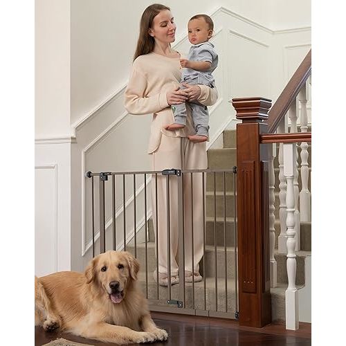 InnoTruth 29.5–40.75" Baby Gate for Stairs, 30" Tall Dog Gates for Doorways & Hallways, Safety Gate for Kids & Pets, Pressure-Mounted Walk-Through with Dual Lock & 2-Way Swing, Brown