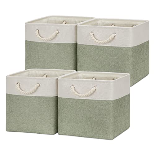 Temary Cube Storage Baskets for Shelves 12 Inch Storage Cubes 4pack Fabric Storage Baskets for Organizing Clothes, Closet Basket with Rope Handles for Home (White&Green)