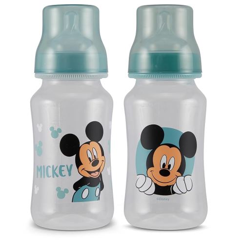 Disney Mickey Mouse Baby Bottles 11 oz for Boys or Girls | 2 Pack of Infant Hourglass Shaped Bottles with Cover for Newborns and All Babies | BPA-Free Plastic Baby Bottle for Baby Shower