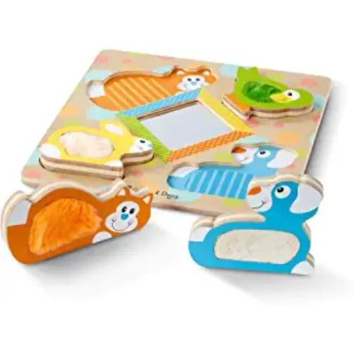 Melissa & Doug First Play Wooden Touch and Feel Puzzle Peek-a-Boo Pets With Mirror