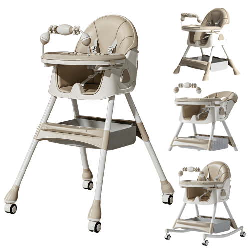 5-in-1 Convertible High ChairBaby swing & Baby Feeding Chairs & Baby scooter with Portable Dining Chairs and Toy Rack for 0-36 Months,KHAKI