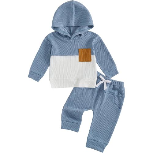 Toddler Baby Boy Hoodies Fall Clothes Waffle Contrast Color Sweatshirt Pant Set Infant Clothes 6 12 18 Months 2T 3T