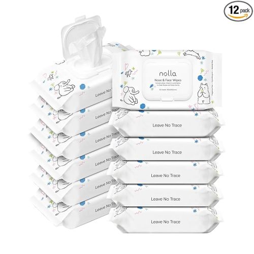 Nolla Nose and Face Wipes for Babies & Kids with Saline, Vitamin E, & Aloe | Unscented | Compostable, 360 Count (12 Packs of 30)