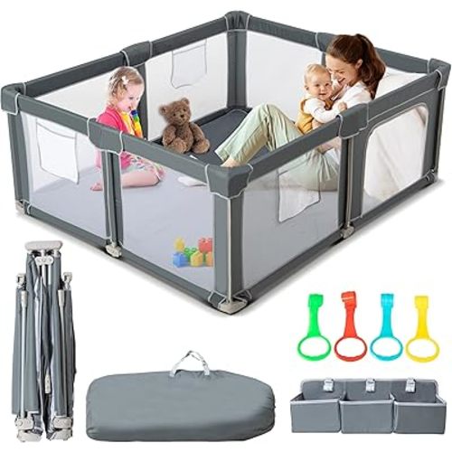 59"x71" Playpen, Tool Free Assembly Foldable Play Yard with Gates, Fence with Storage Bag & 4 Handlers for Indoor & Outdoor