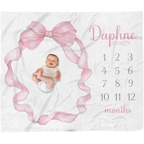 Personalized Baby Milestone Blanket, Personlized Pink Bow Milestone Blanket, Baby Girl Pink Bow Blankets, Babys Growth Blankets, Coquette Babys Girl Gift, Month BlanketBaby Girl, Fleece Milestone