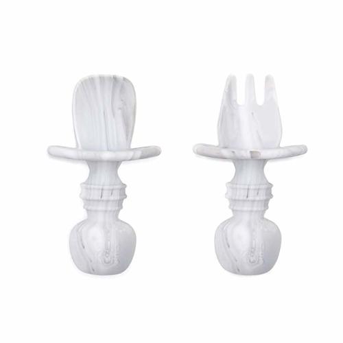 Bumkins Silicone Chewtensils, Baby Fork and Spoon Set, Training Utensils, Baby Led Weaning Stage 1 for Ages 6 Months+ in Marble - Marble-SFI