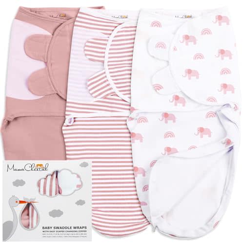 Organic Cotton Baby Swaddle Blanket Wrap with Easy Diaper Change Zipper S/M | Newborn Swaddle Sack 7-14 lb, GOTS & OEKO-TEX Certified Easy Swaddles 0-3 Month, Infant Baby Essential, 3-Pack, Mama Cheetah