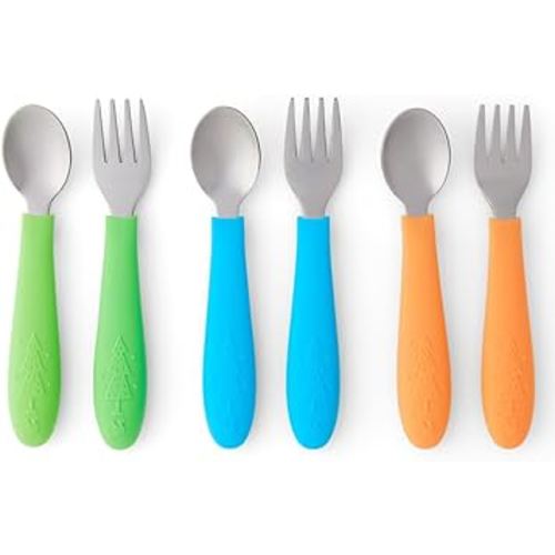 Elk and Friends Kids Silverware with Silicone Handle | Childrens Safe Flatware | Toddler Utensils | Baby Spoons + Forks | Stainless Steel Cutlery | Dishwasher Safe | 6 Pieces