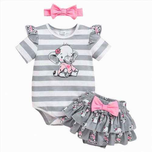 Leey-World Newborn Baby Girl Clothes Summer Outfit Short Sleeve Ribbed Romper Floral Suspender Overalls Shorts Set(Grey,0-3 Months)