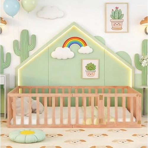 Bellemave Queen Size Montessori Floor Bed with 21.7" High Rails, Pine,Plywood Floor Bed with Small Door, Natural